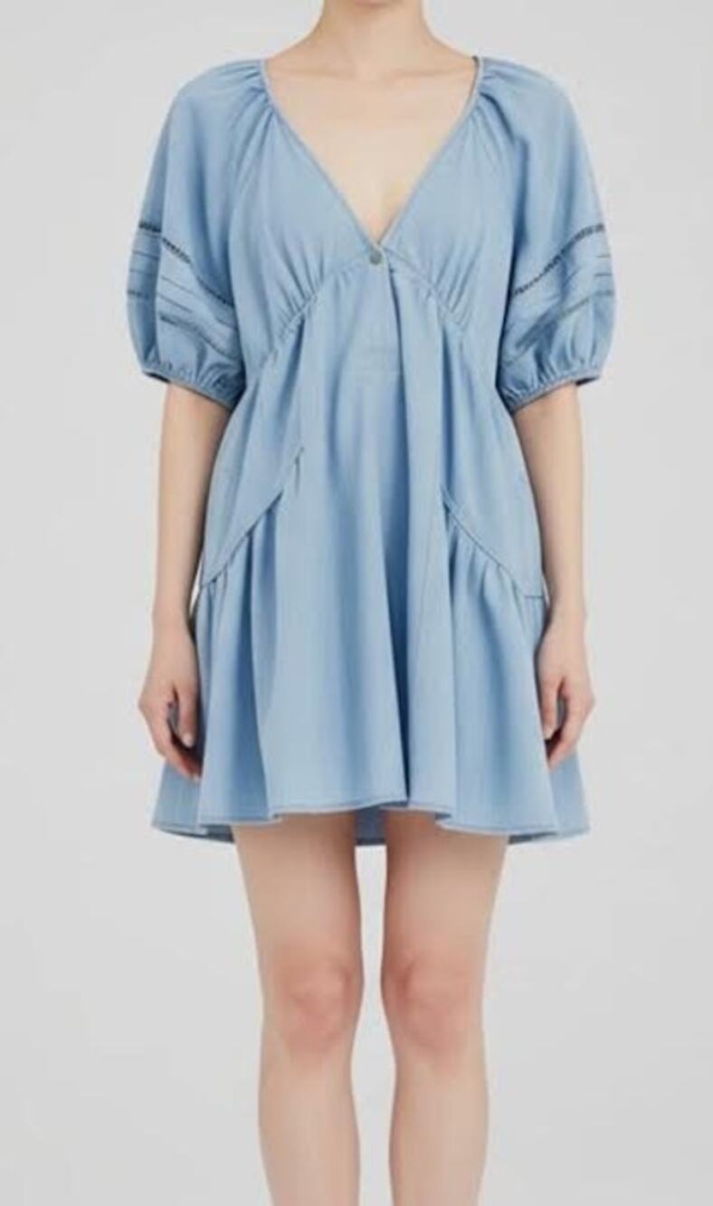 Lush Puff Sleeve Button Front V-Neck Mini Dress Light Sky Blue XS